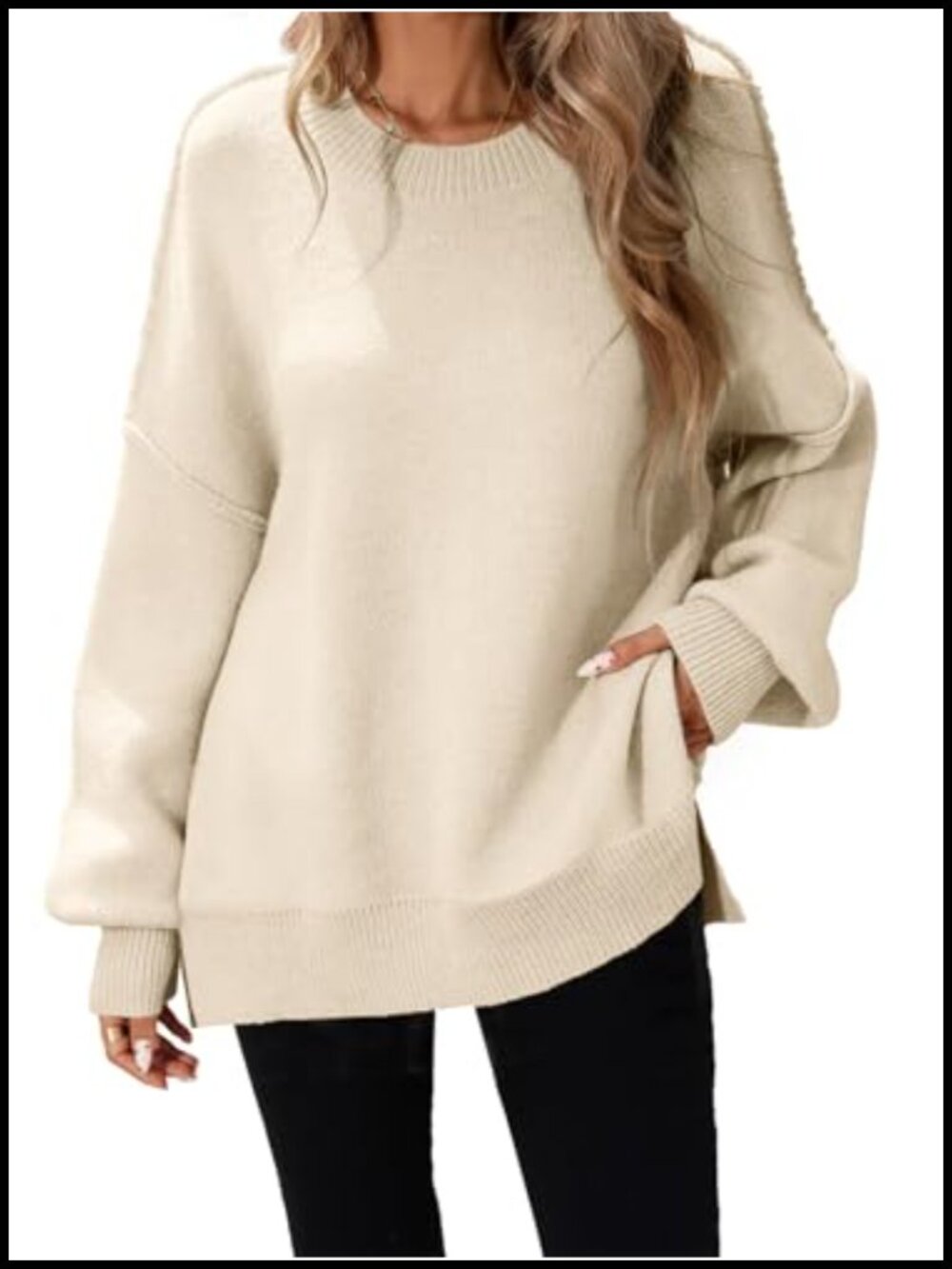Oversized Batwing Knit Pullover Sweater with Drop Shoulders and Side Slits